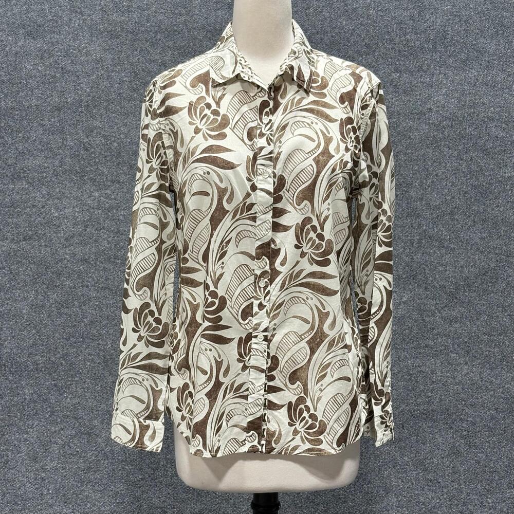 J McLaughlin Shirt Womens Medium Brown Floral Button Front Long Sleeve Top